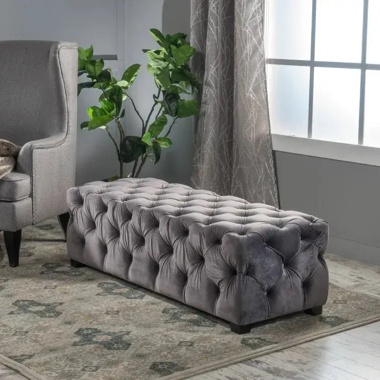 Ottoman Grey Velvet Footstool Pouf Stool Living Room Extra Seating nh-an