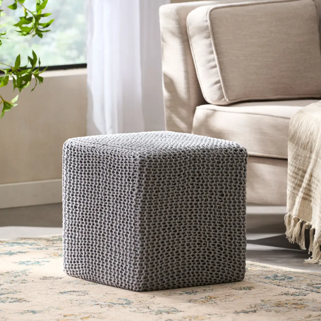 Knitted Foot Stool Light Grey Cotton Pouf Ottoman Living Room nh-sunfay