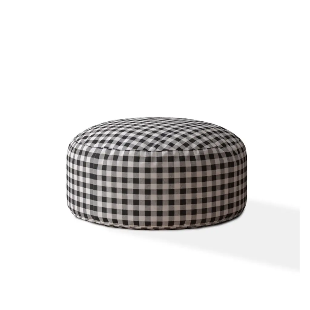 Indoor Plaido Black Round Zipper Pouf Stuffed Extra Beads Comfort usa made pillow and pouf