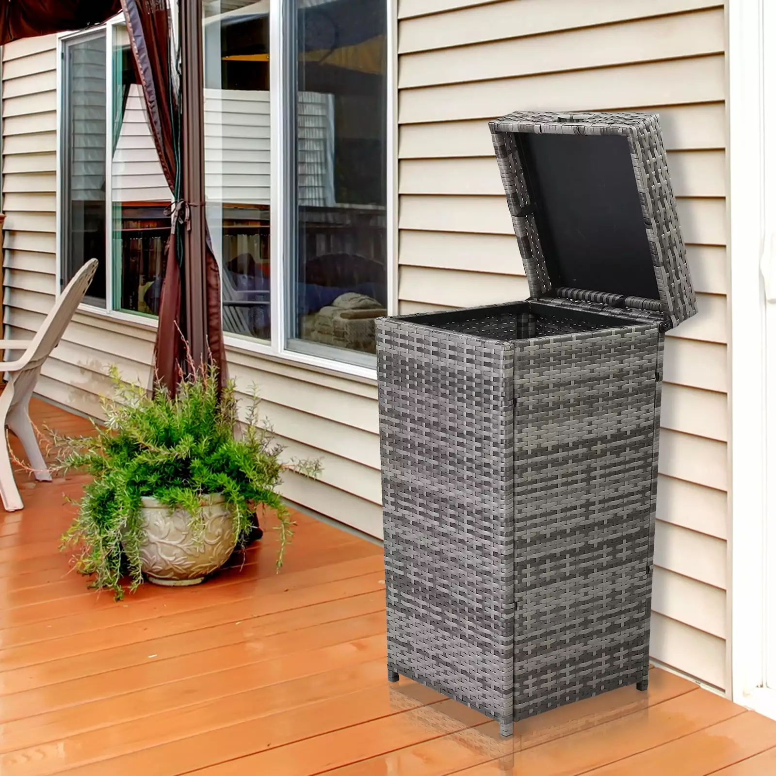 LemoHome Outdoor Rattan Trash Can. Patio Rattan Container Top Cover. 27 Gallon Gary