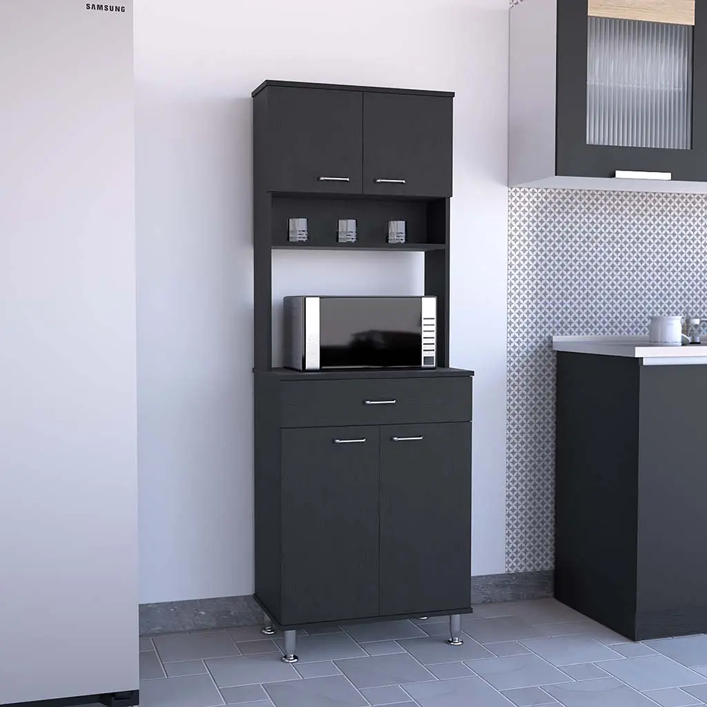Della 60 Kitchen Pantry Countertop Closed & Open Storage Black Finish tuhome