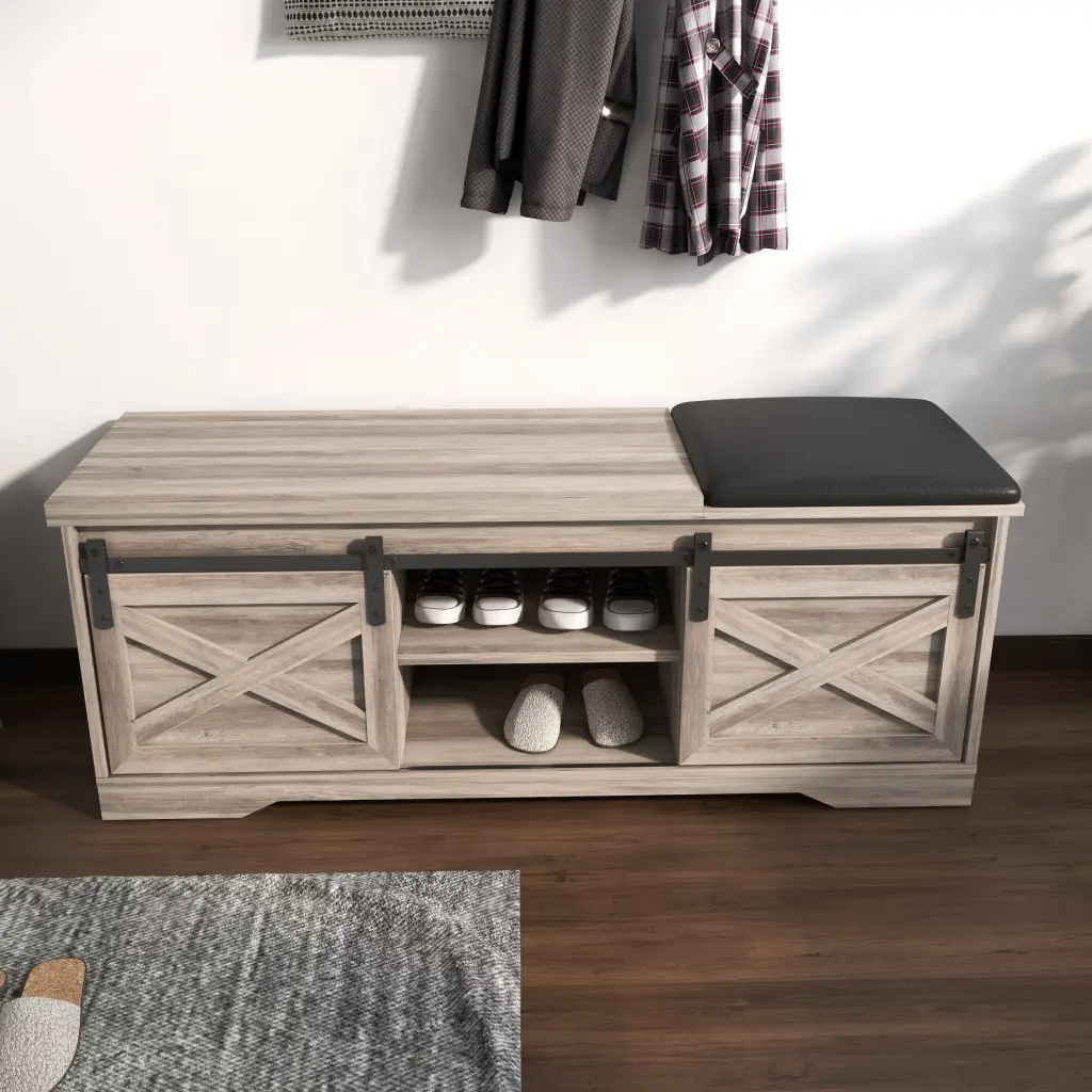 47 Inch Modern Farmhouse Sliding X Barn Door Litterbox Bench Entry samchy