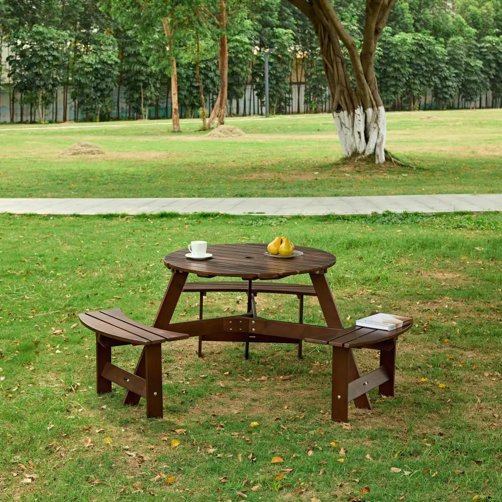 Outdoor 6 Person Picnic Table Round Design 3 Built- Benches rnb