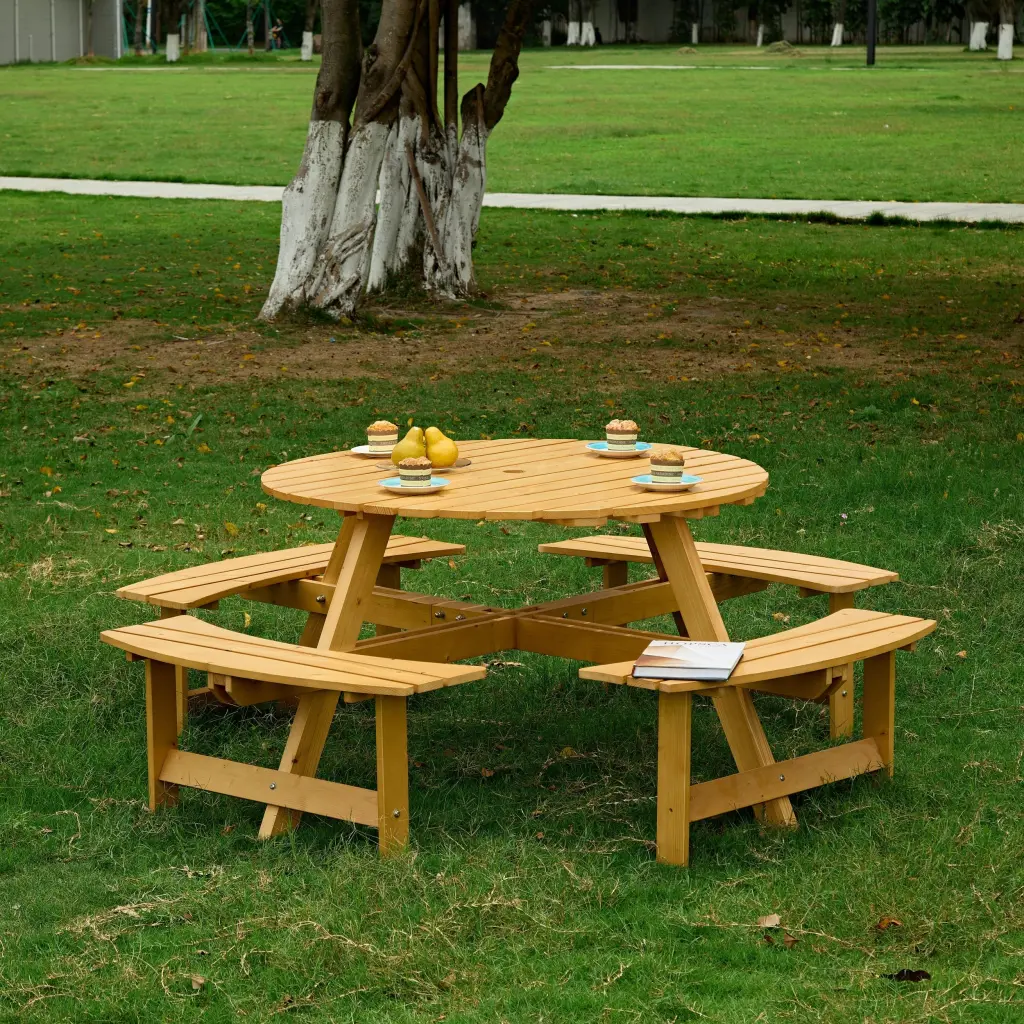Outdoor 8 Person Round Picnic Table 4 Built- Benches Durable Patio Furniture rnb