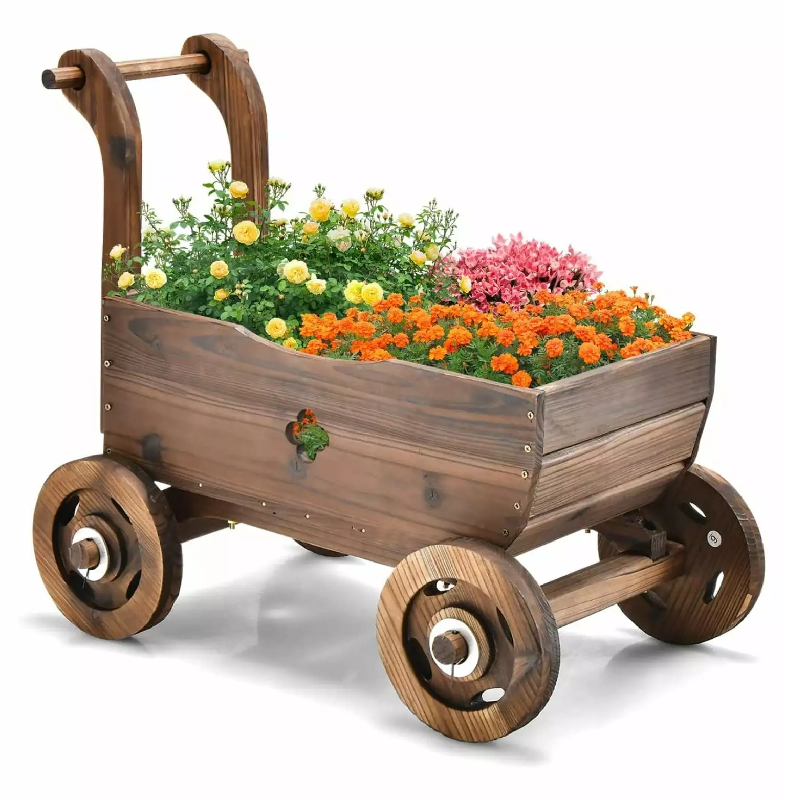 Ditangy Wagon Flower Planter Cart. 4-Wheel Wood Garden Wagon Decor 2 Drainage Holes. Movable Flowerpot Holder Stand. Indoo...