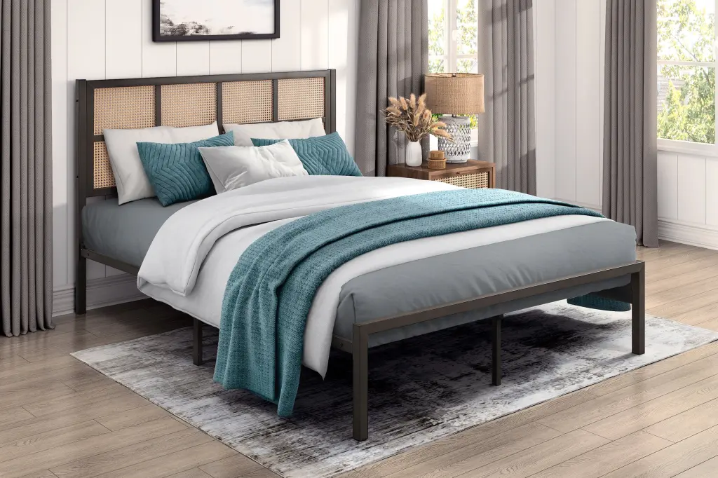 1Pc Full Platform Bed Metal Frame Dark Bronze Finish Faux Cane Panel kanepe