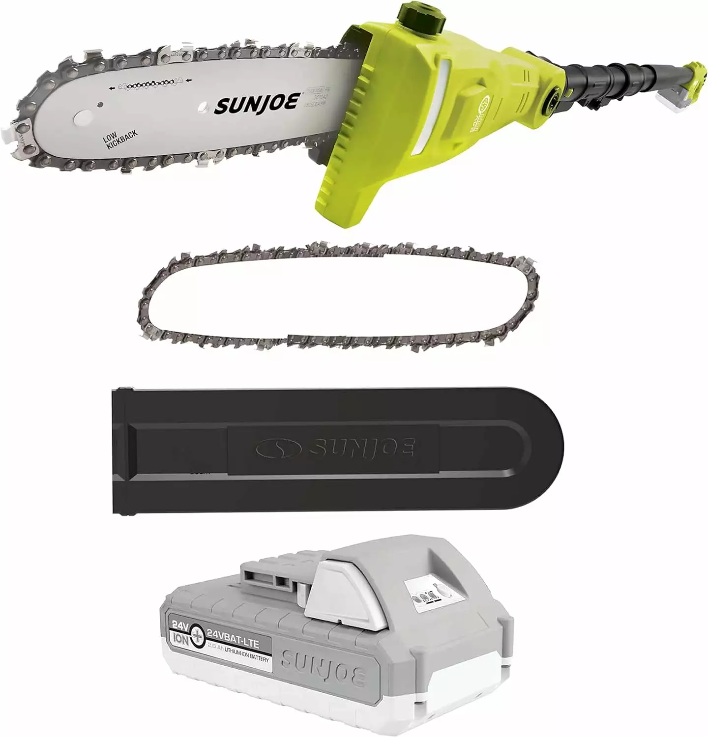 Open Box Sun Joe 24-Volt IONMAX Cordless Telescoping Pole Chain Saw Kit. 8-inch - Green