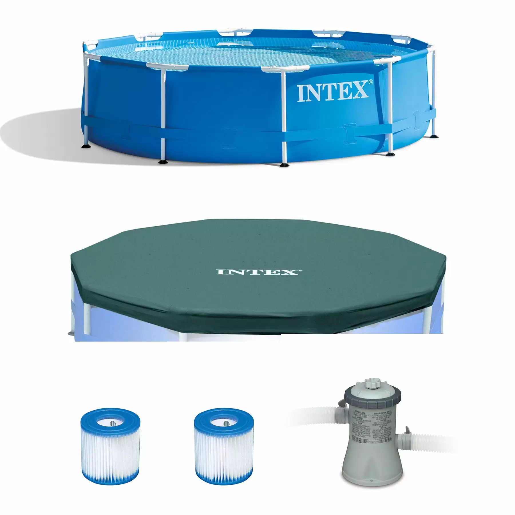Intex 10 x 2.5 Foot Pool Set Cover Filter Cartridges and Pump