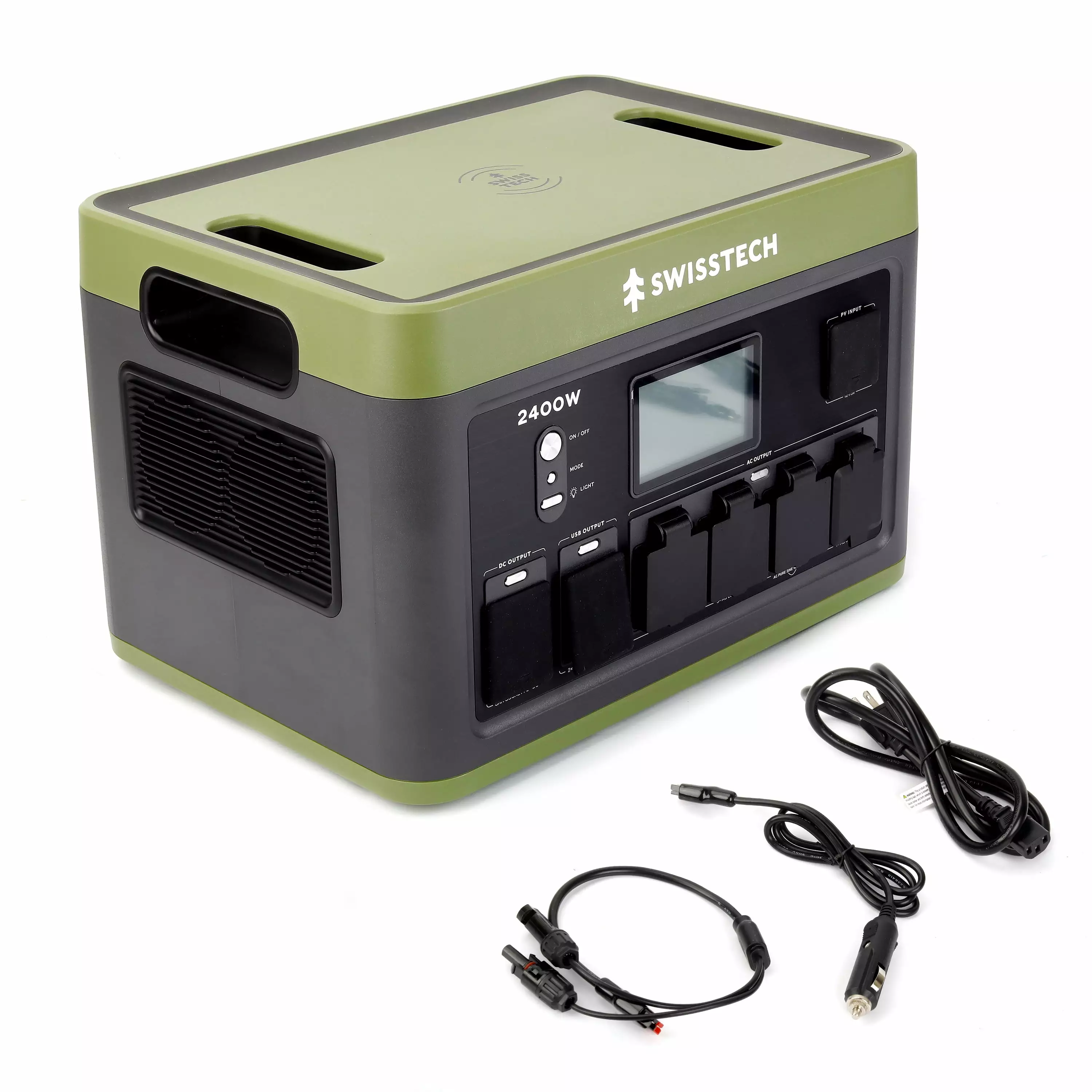Swiss Tech 2400W Travel-friendly Power Station. 2060Wh. Solar Powered Battery Camping and Travel Emergency