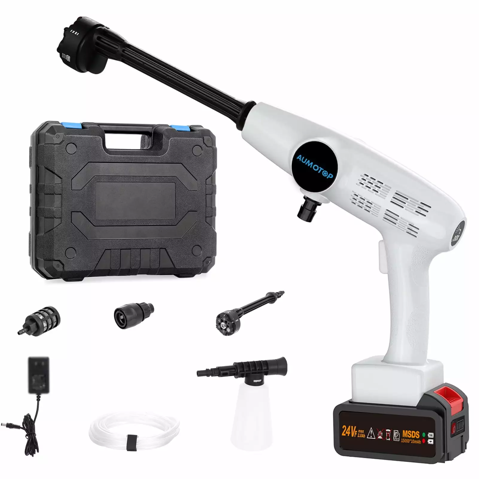 Aumotop Cordless Pressure Washer. Travel-friendly Power Washer. 21V 1A Rechargeable Battery and Charging Kit. 6--1 Nozzle....
