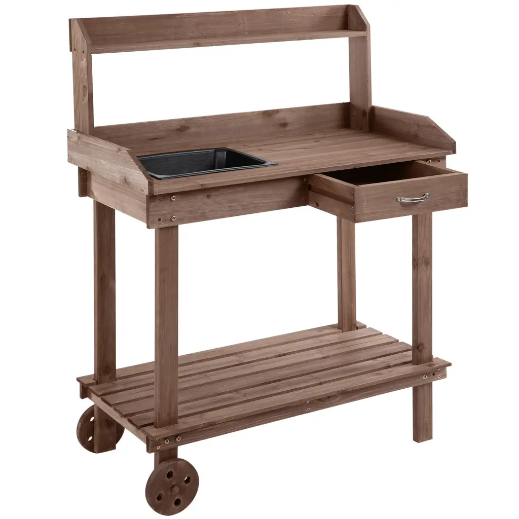Outsunny 36 Inch Wooden Potting Bench Work Table 2 Removable Wheels aosom business