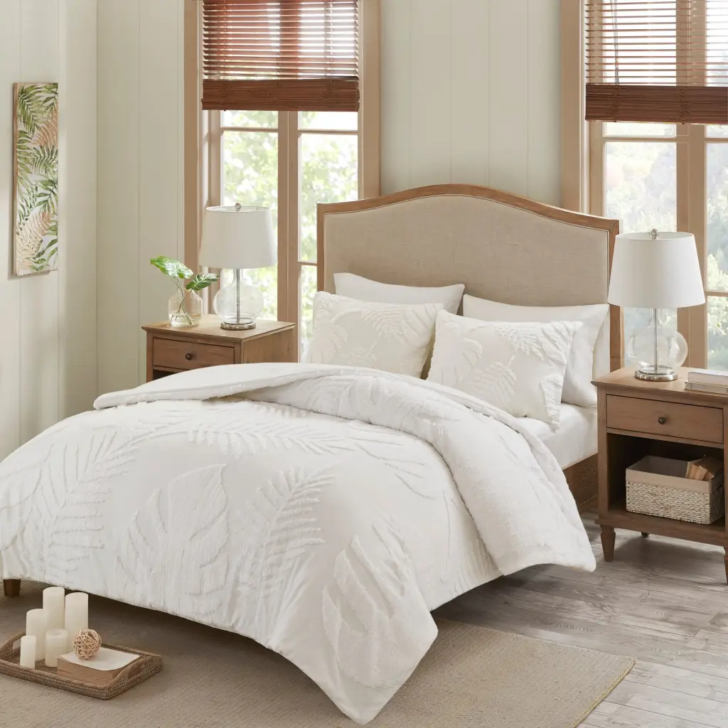 3 Piece Tufted Cotton Chenille Palm Duvet Cover Set Queen White Cotton jla