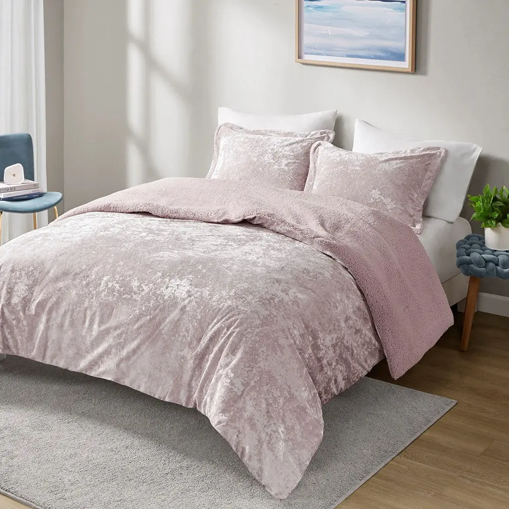 Crushed Velvet Sherpa Reversible Queen Easeer Set Light Purple Polyester Bedding jla