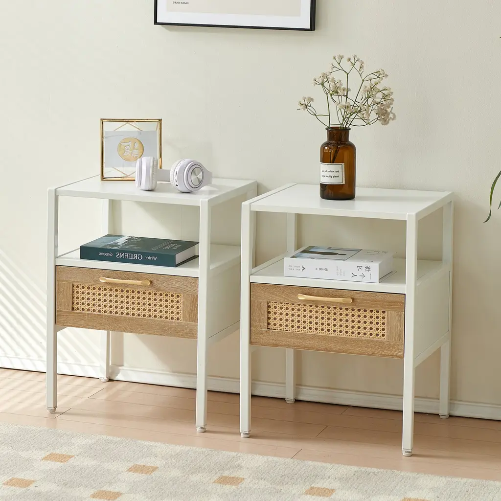Set 2 Modern Rattan End Tables Drawer Metal Frame Nightstands sya furniture