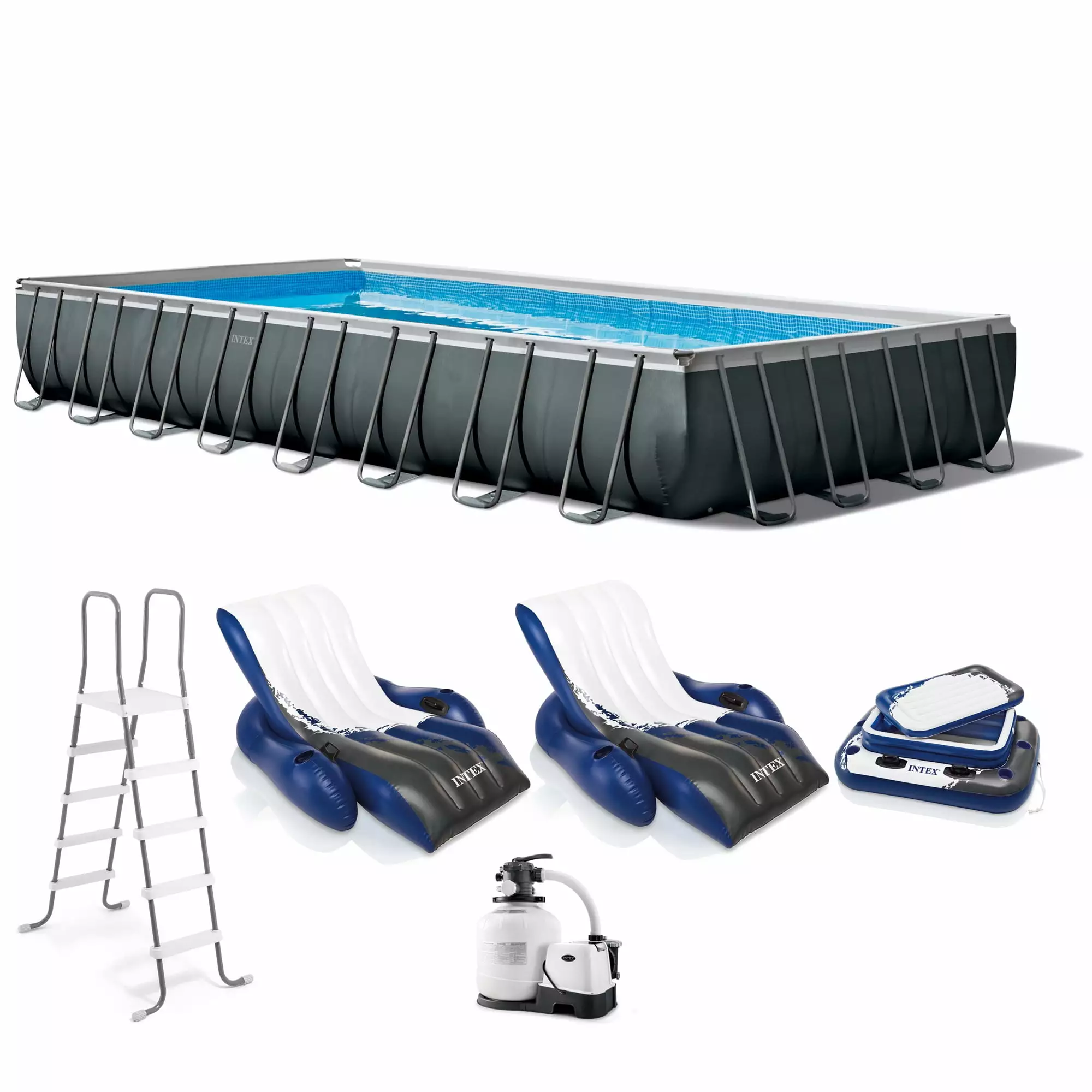 Intex 32' x 16' x 52 Ultra XTR Rectangular Pool 2 Floating Chairs and Cooler