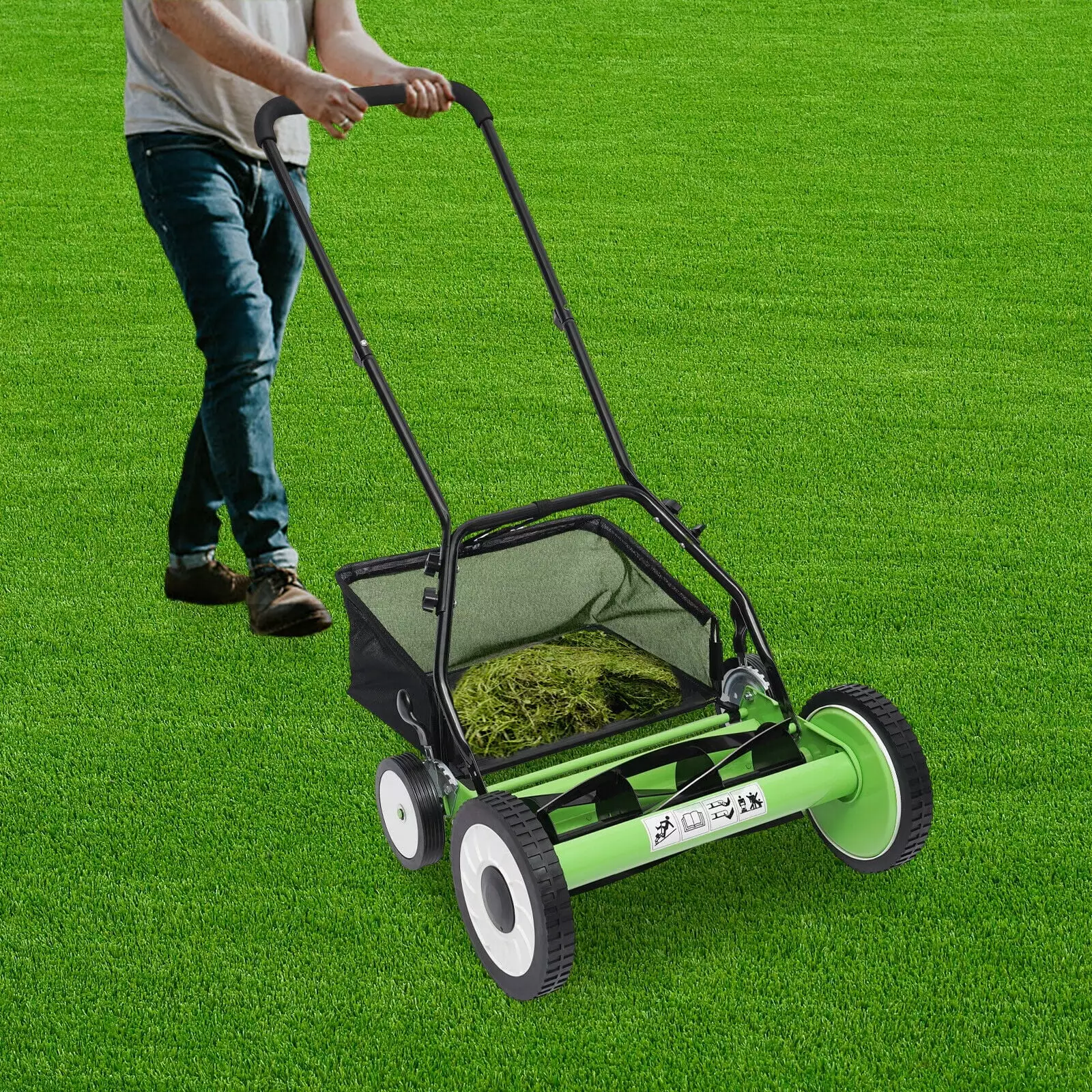Fichiouy 16 Reel Lawn Mower Grass Catcher Cordless Hand Push Reel Walk-Behind Grass Cutter Machine 5 Blades Adjustable Cut...