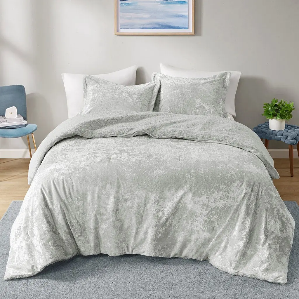 Crushed Velvet Sherpa Reversible Easeer Set Twin Grey Polyester jla