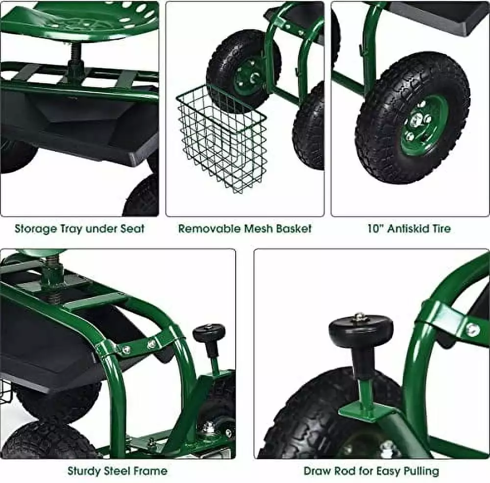 GRAFFY Garden Cart w/Wheels. Mobile Rolling Work Seat w/Tool Tray and Binquireet. Lawn Wagon Cart Rotating and Adjustable ...