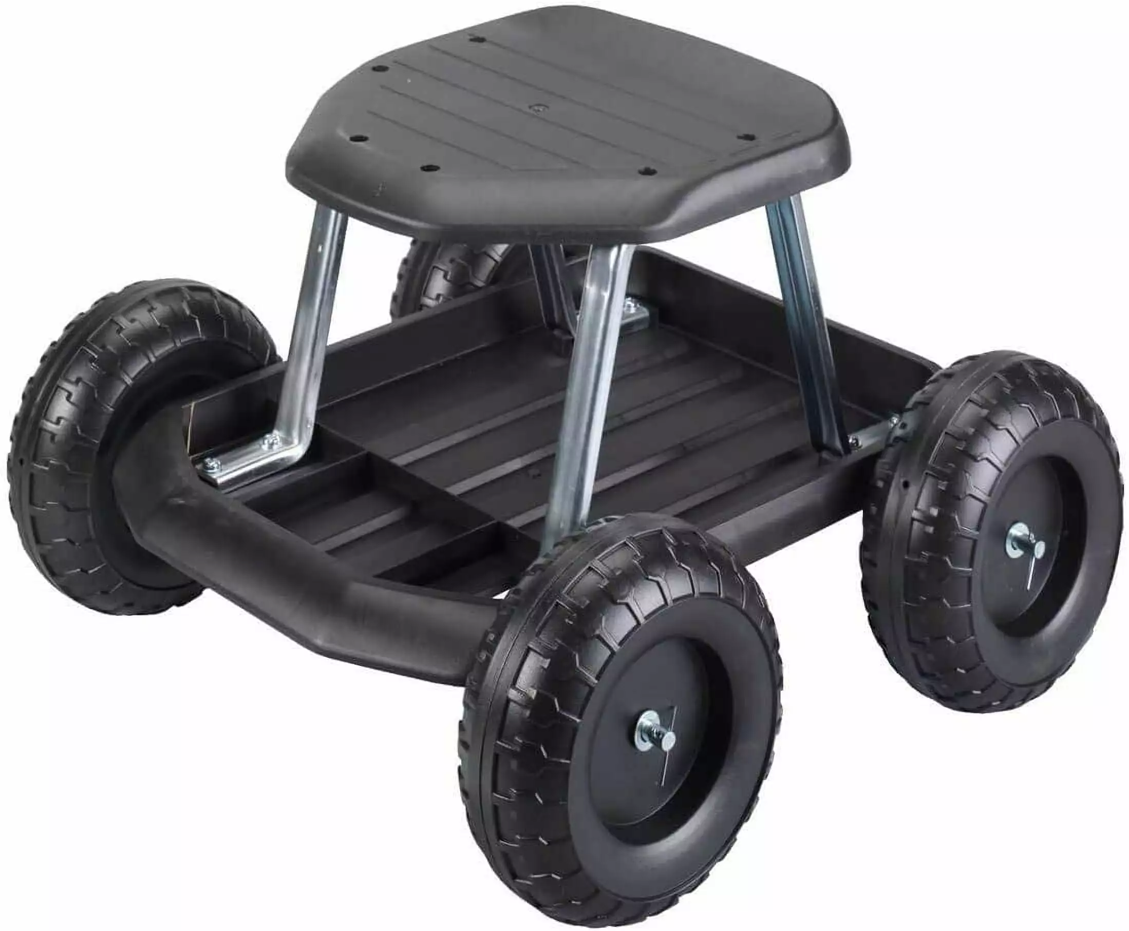 Rolling Garden Cart Scooter Seat and Utility Tool Storage Tray. Black