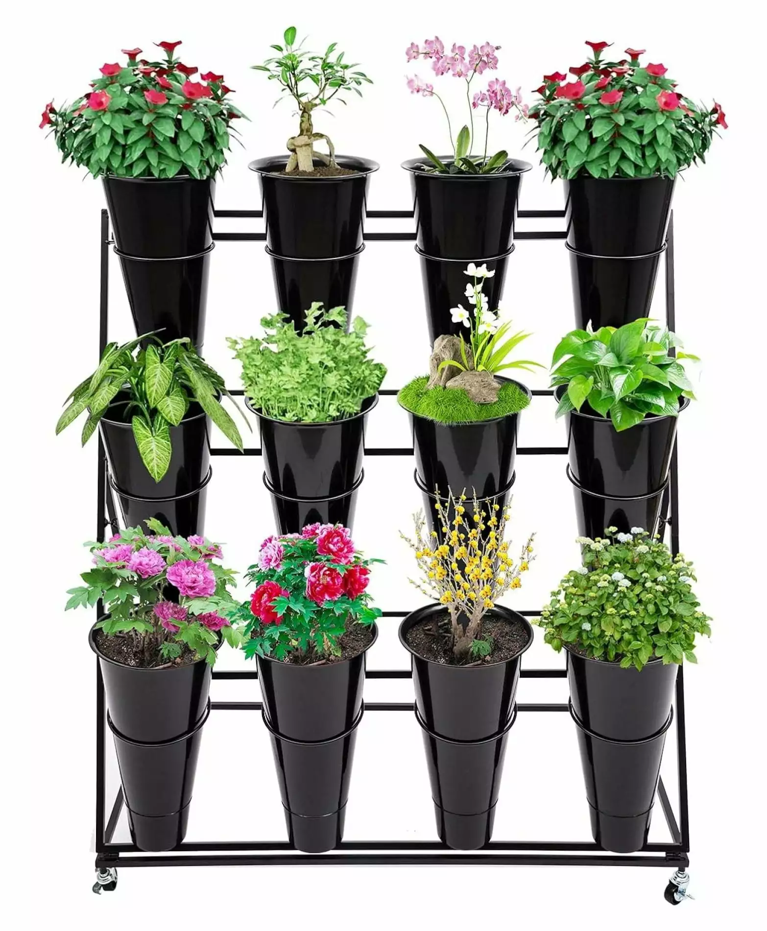 YUNTIE Flower Display Stand 12PCS Buckets. 3 Layers Metal Plant Cart Wheels. Heavy Duty Moving Flower Rack Indoor. Outdoor...