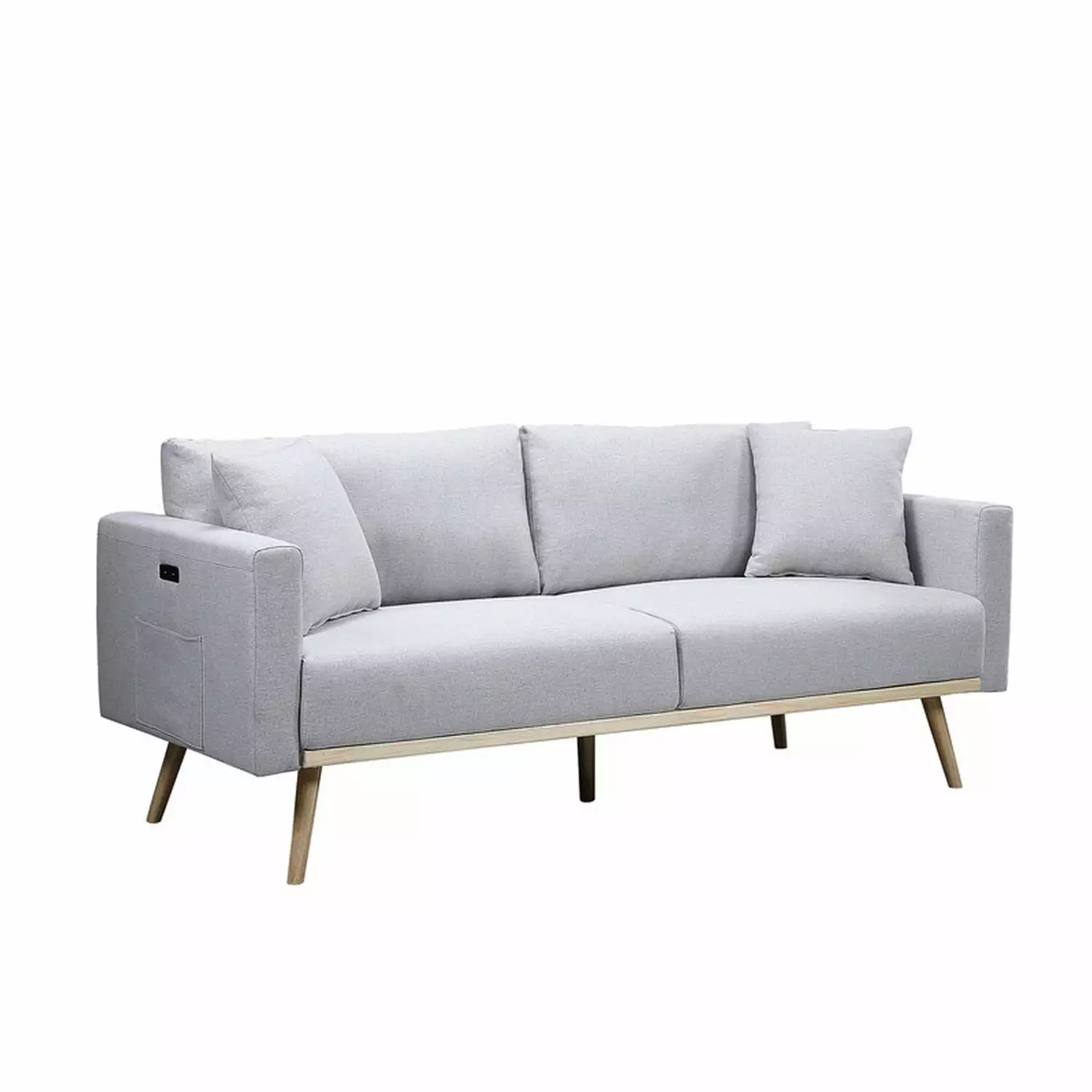 Benjara Mico 75 Inch Modern Sofa USB Charging Ports and Side Pocket Light Gray