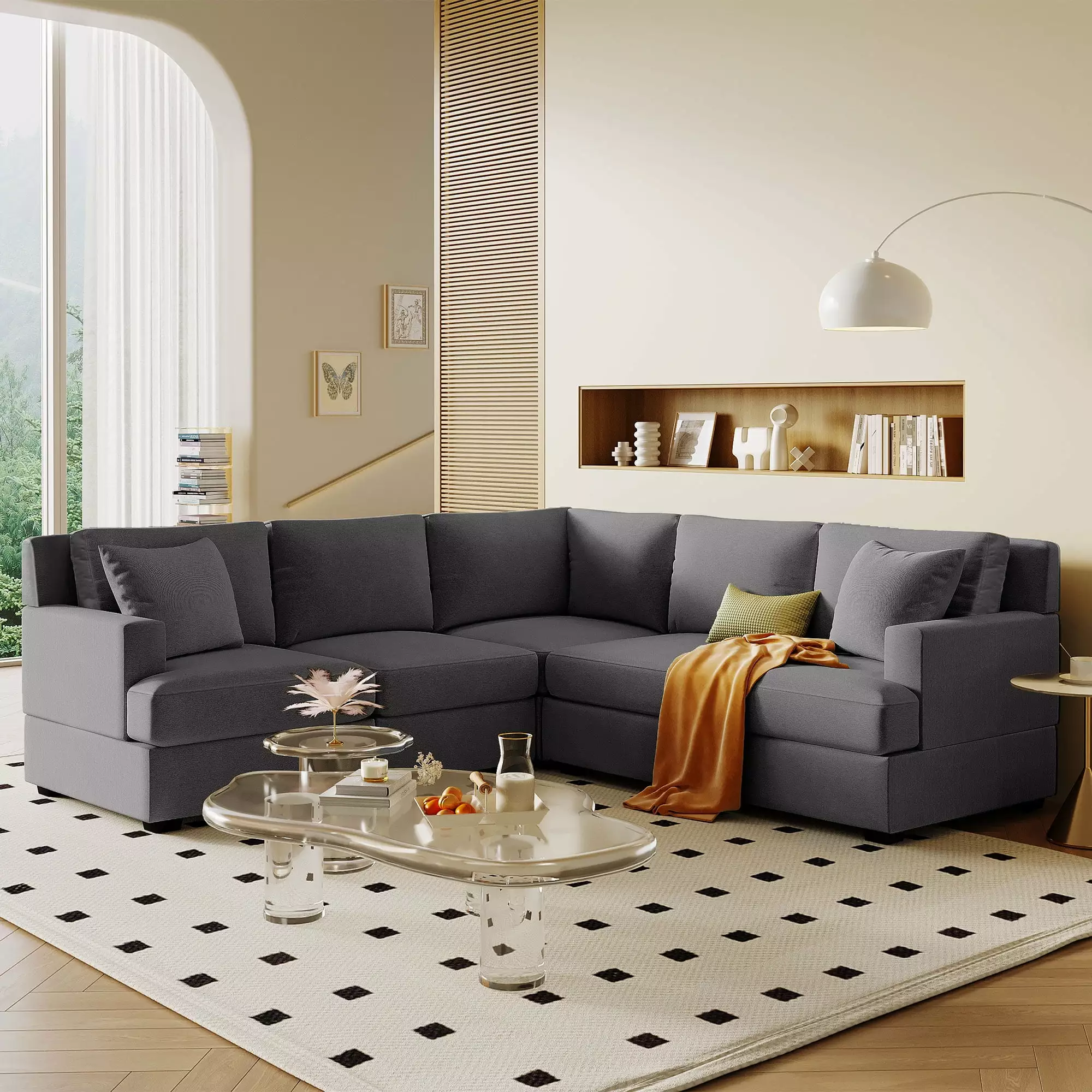 DeeHome U-Style Sectional Modular Sofa 2 Toss Pillows and Solid Frame Living Room Set