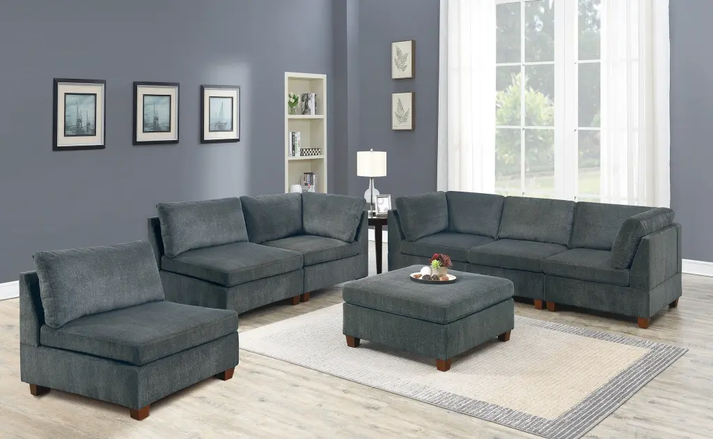 Living Room Furniture Gray Chenille Modular Sectional 7Pc Set Chaise And Ottoman kanepe