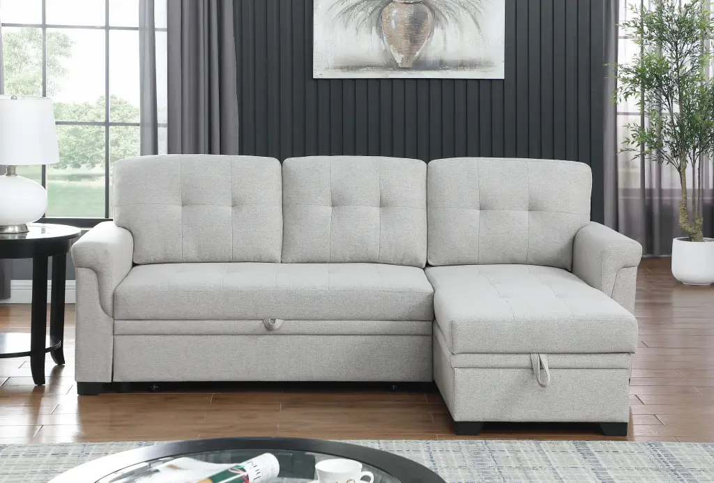 Lucca 84 Inch Light Gray Linen Reversible Sleeper Sectional Sofa Storage Modern Living Room Furniture lilola home