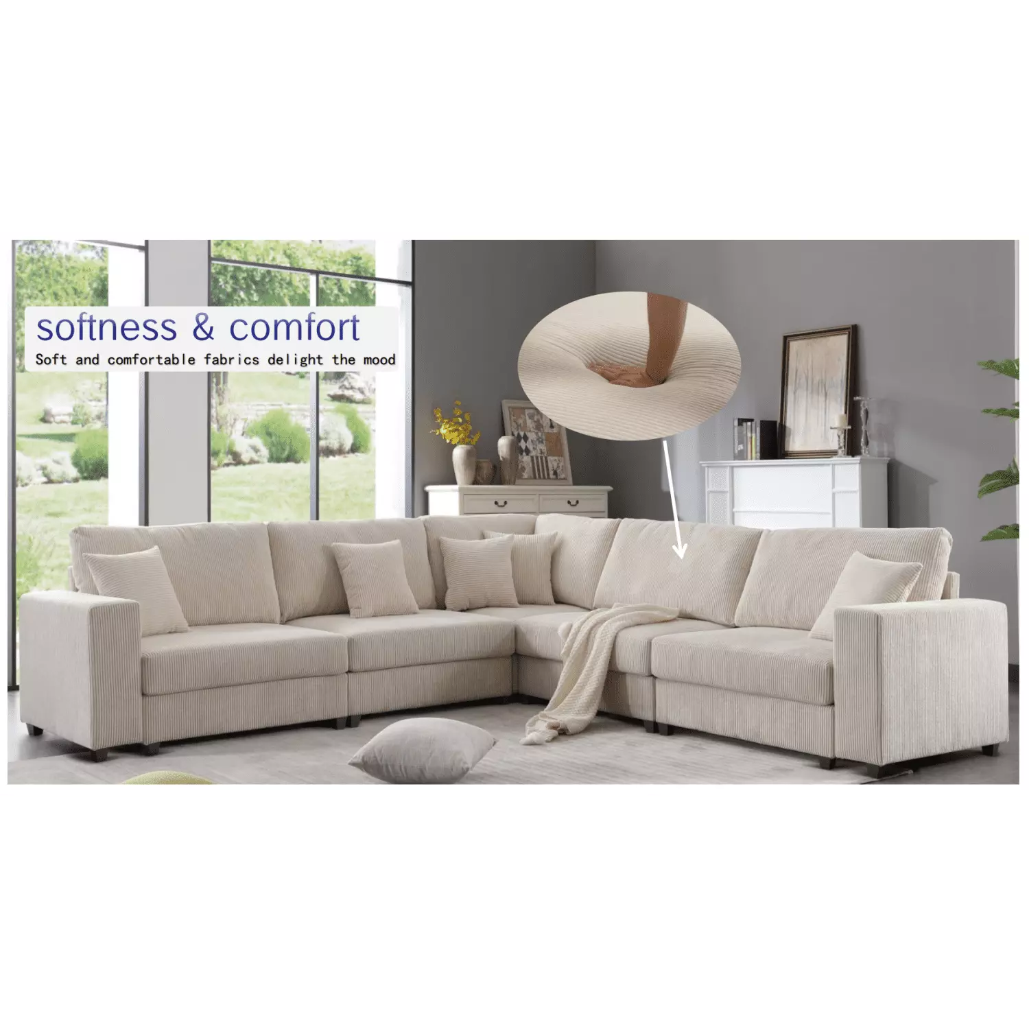 Miekor Furniture Oversized Beige Corduroy Modular Sectional Sofa Set Deep Seats