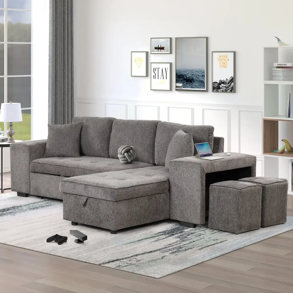 104.5 Inch Modern L-Shaped 3 Seat Reversible Sectional Couch Pull Out Sleeper rnb