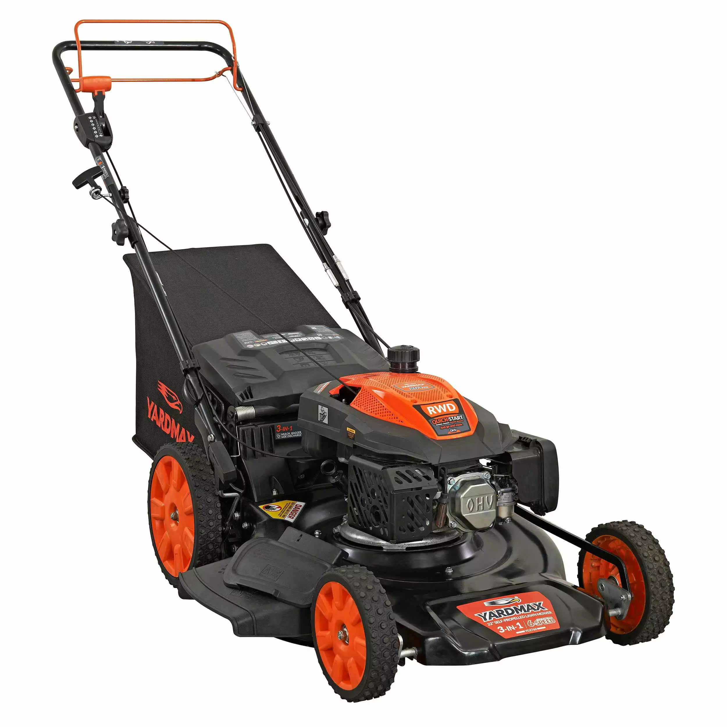 Yard Max 22 . 201cc SELECT PACE 6 Speed CVT High Wheel RWD 3--1 Gas Walk Behind Self Propelled Lawn Mower YARDMAX