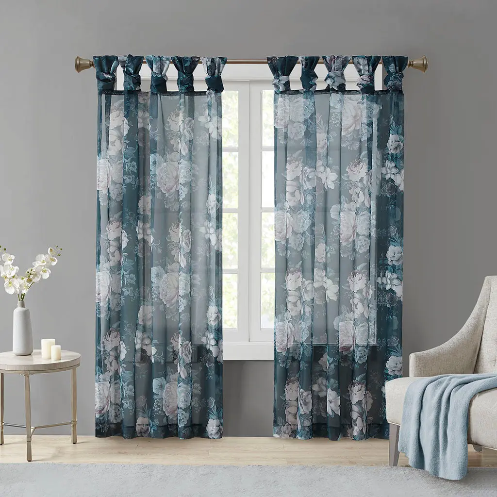 Printed Floral Twist Tab Top Voile Sheer Curtain Navy Polyester jla