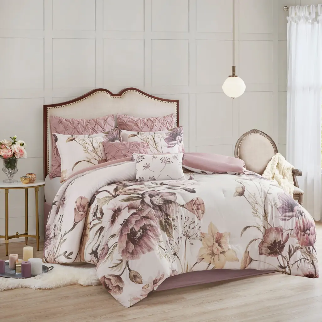 8 Piece Cotton Printed Easeer Set - Blush Queen Size Polyester Bedding jla