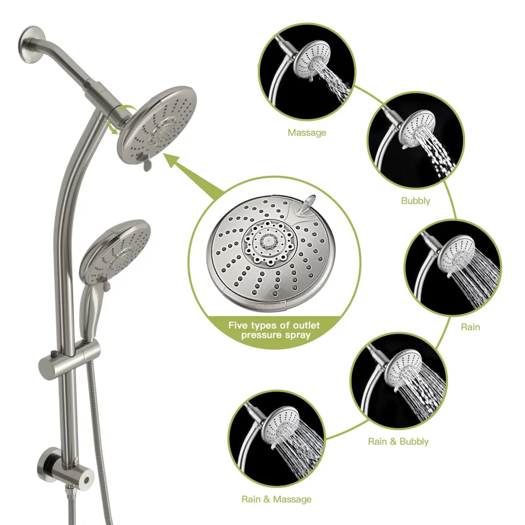5 Inch Multi Function Dual Shower Head Adjustable Slide Bar Brushed Nickel lordear