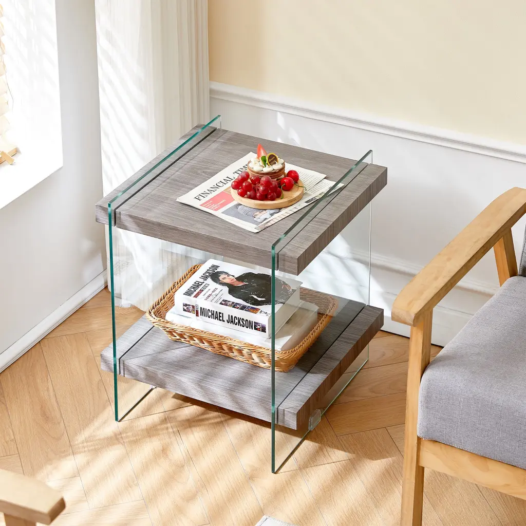 17.72 Inch Polished Tempered Glass Leg Side Table Dual MDF Shelf sya furniture