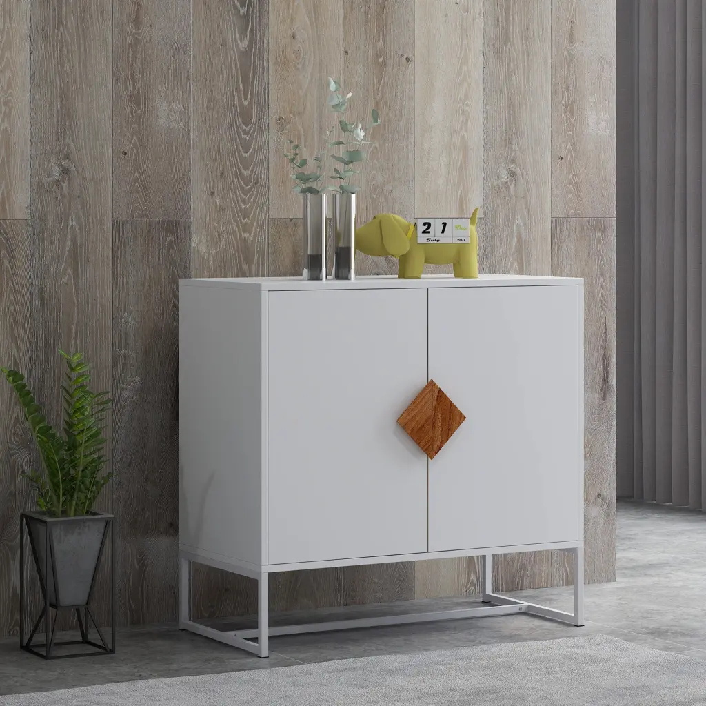 Solid Wood Square Influence Handle 2 Door Sideboard White MDF Entryway Storage cl worthy houseware co.-ltd.