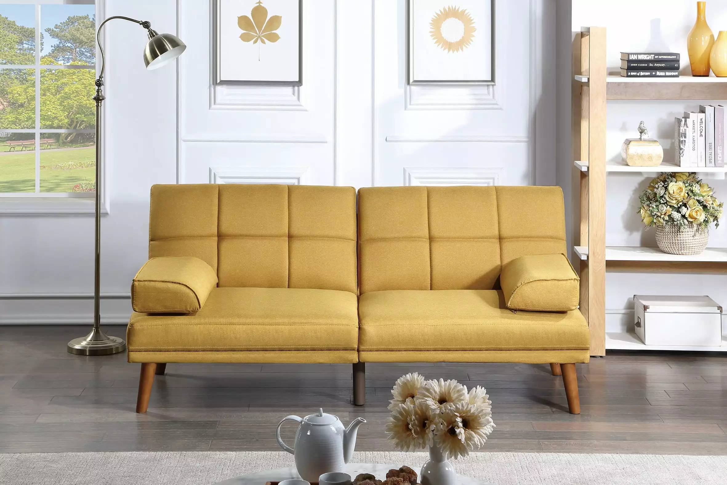 JINS&VICO Mustard Polyfiber Adjustable Tufted Sofa Bed Solid Wood Legs Multi-functional Couch JINS & VICO