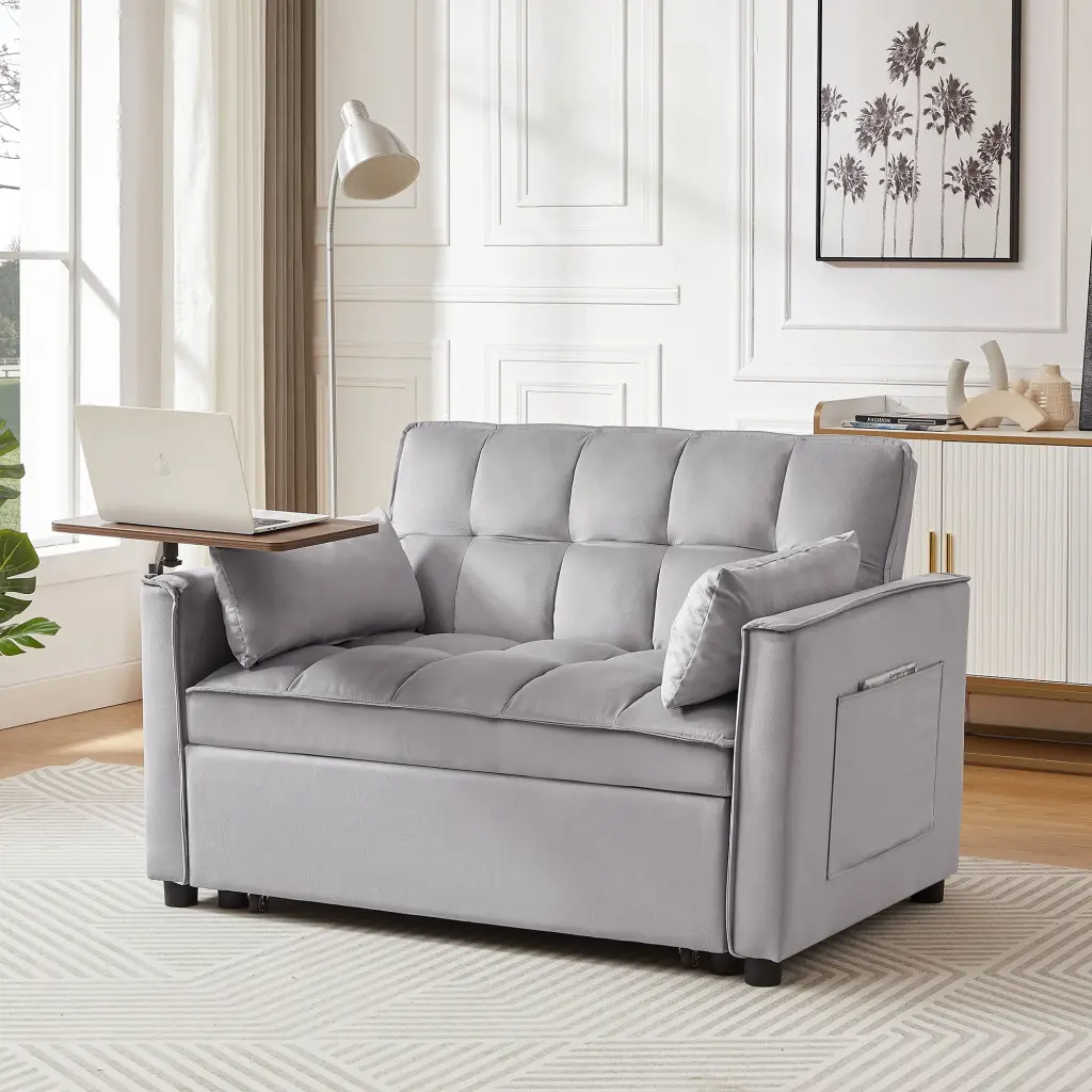 Grey Velvet Loveseat Sofa Bed Grey Wood Tufted Back Square Arms Foam rnb