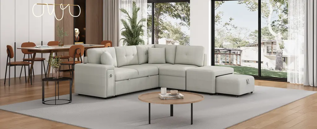 86.6 Inch Sectional Sofa L-Shaped Pull Out Sofa Bed Movable Ottoman rnb