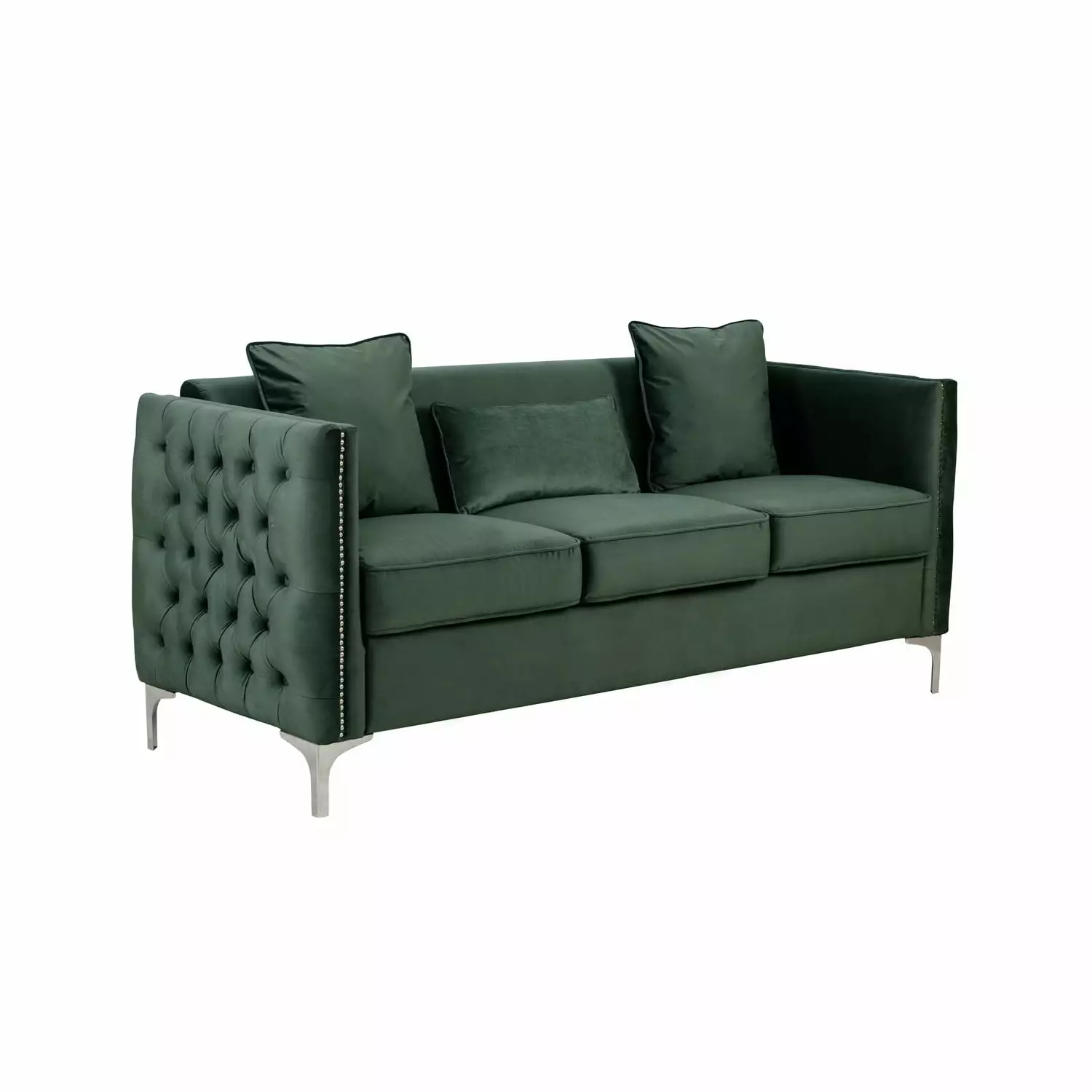 Benjara Zion 73 Inch Modern Green Velvet Sofa Deep Button Tufted Sides