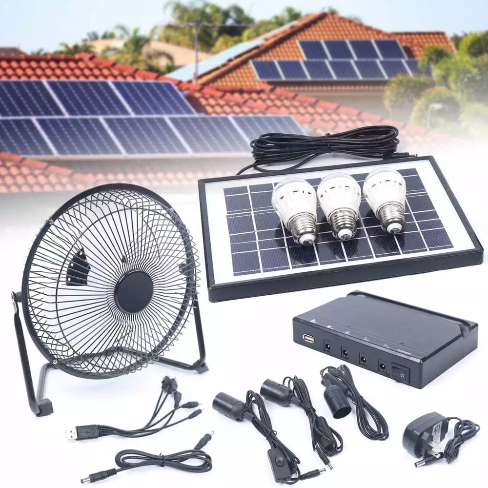 Solar Power Panel Generator Kit Camping Battery Pack Power Station Panel+Fan+3X1W 12V Blubs Travel-friendly