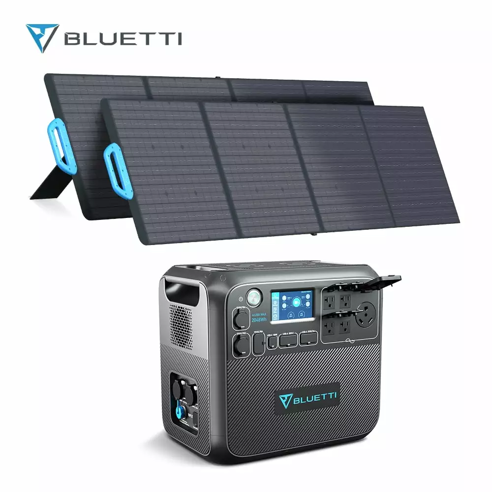 Bluetti Travel-friendly Power Station AC200MAX. 2pcs 200W Solar Panels. 2048Wh Capacity Solar Generator. 2200W AC Output H...