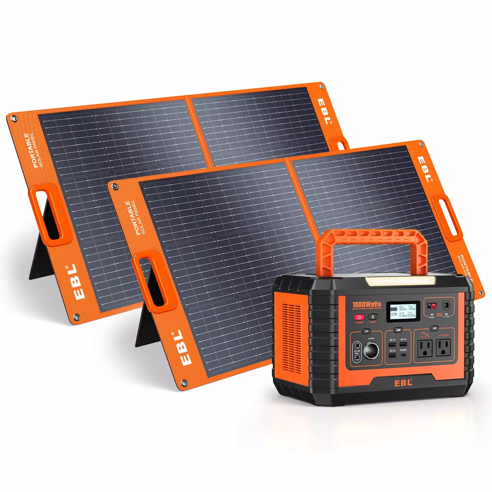 EBL Power Station 1000W Solar Generator + 2 Pcs 100W Travel-friendly Solar Panel Outdoor Camping. Home Emergency. RV/Van