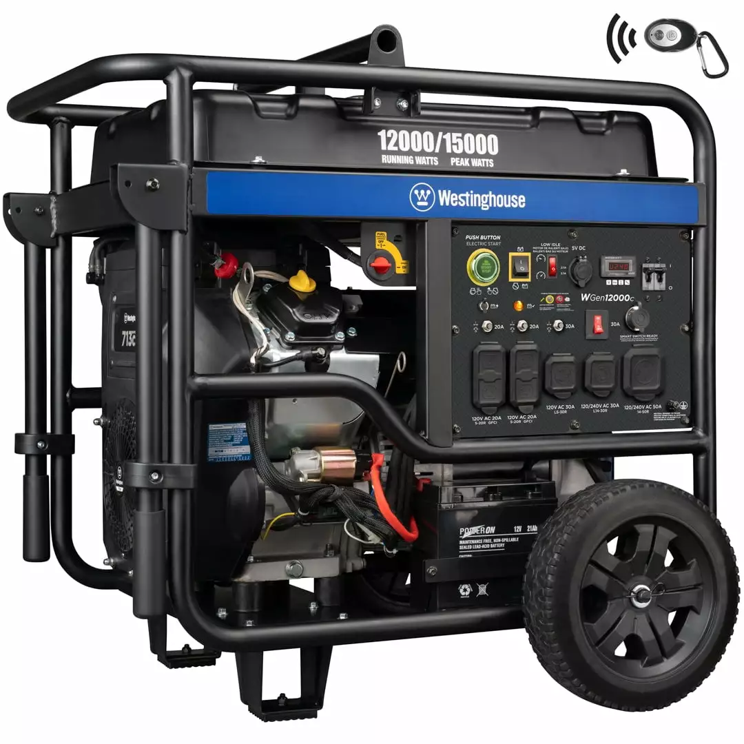 Westinghoutilize 15.000 Peak Watt Home Backup Travel-friendly Gas Generator Electric Start & CO Sensor Westinghouse