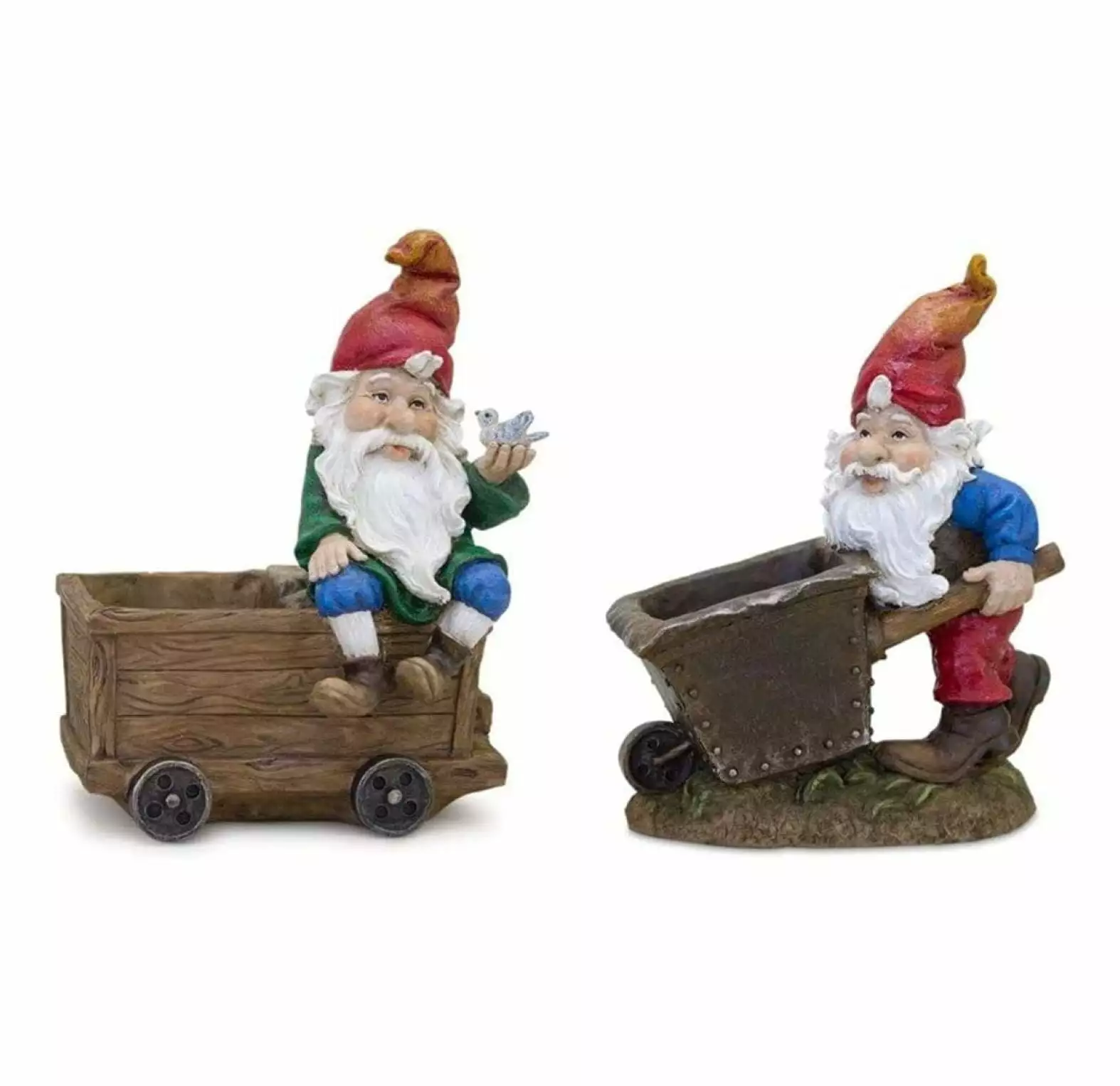 Gnome Wheelbarrow & Wagon (Set 2) 7L x 8.25H. 6.5L x 9H Resin