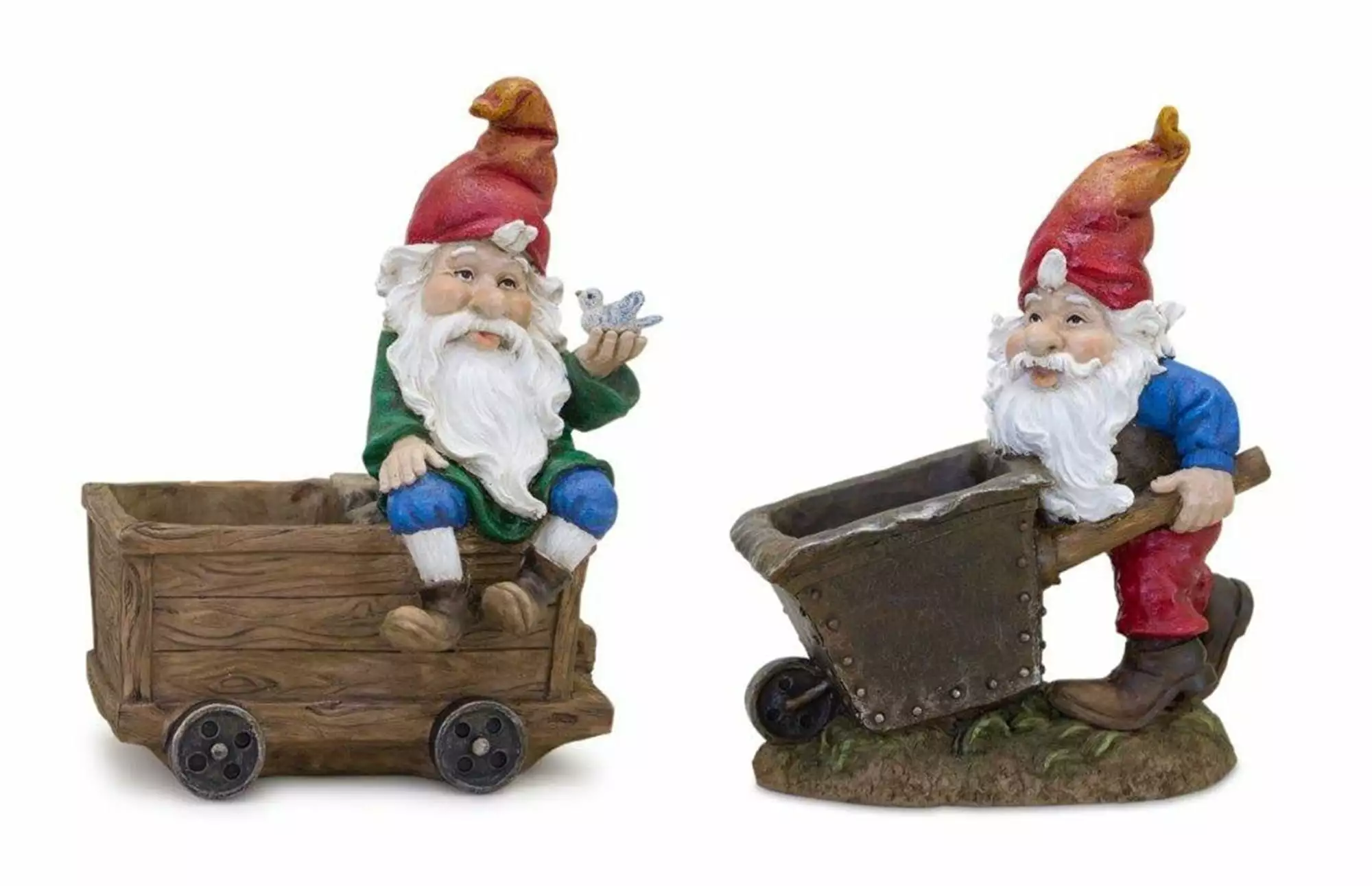 Gnome Wheelbarrow & Wagon (Set 2) 7L x 8.25H. 6.5L x 9H Resin
