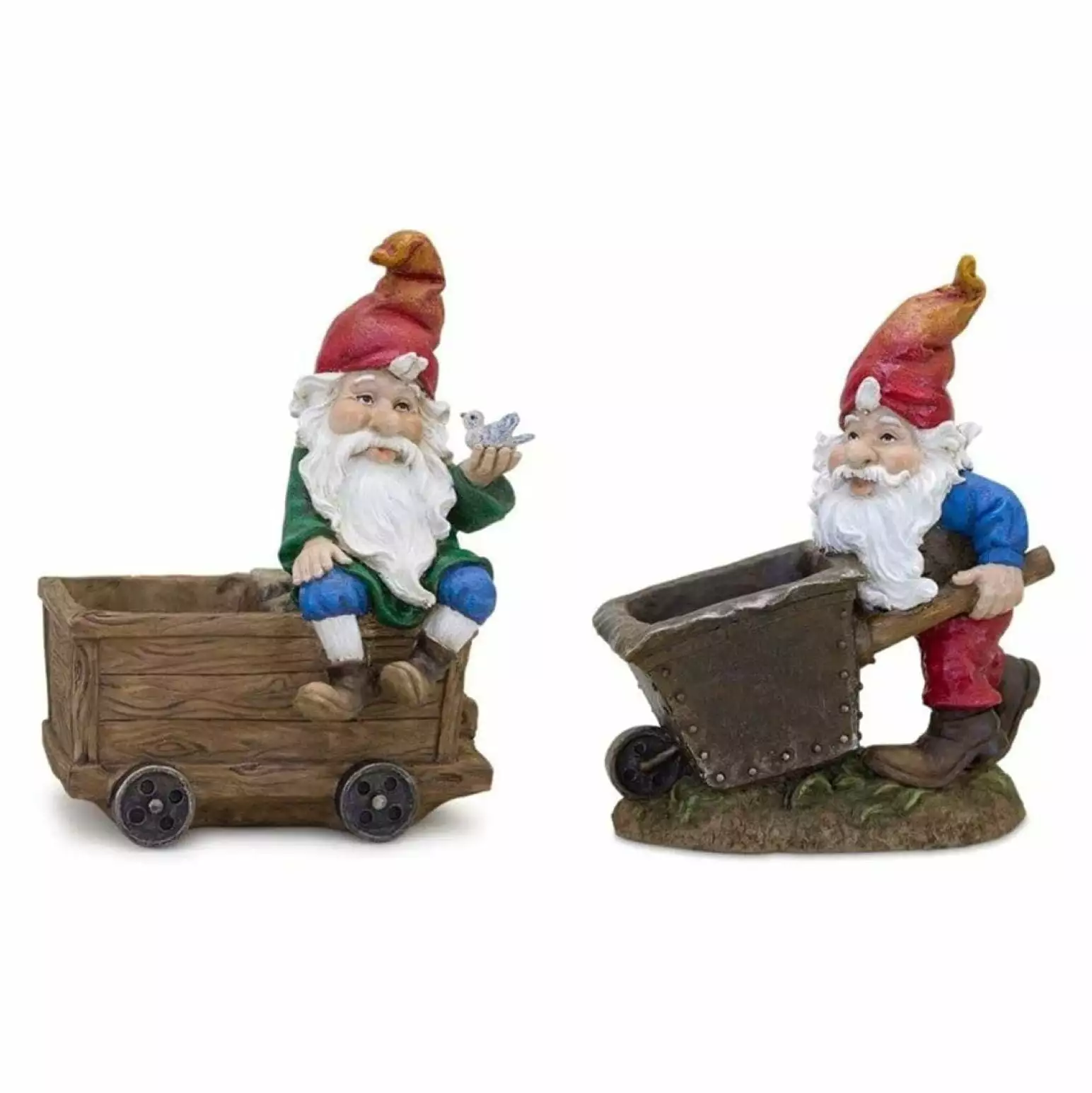 Gnome Wheelbarrow & Wagon (Set 2) 7L x 8.25H. 6.5L x 9H Resin