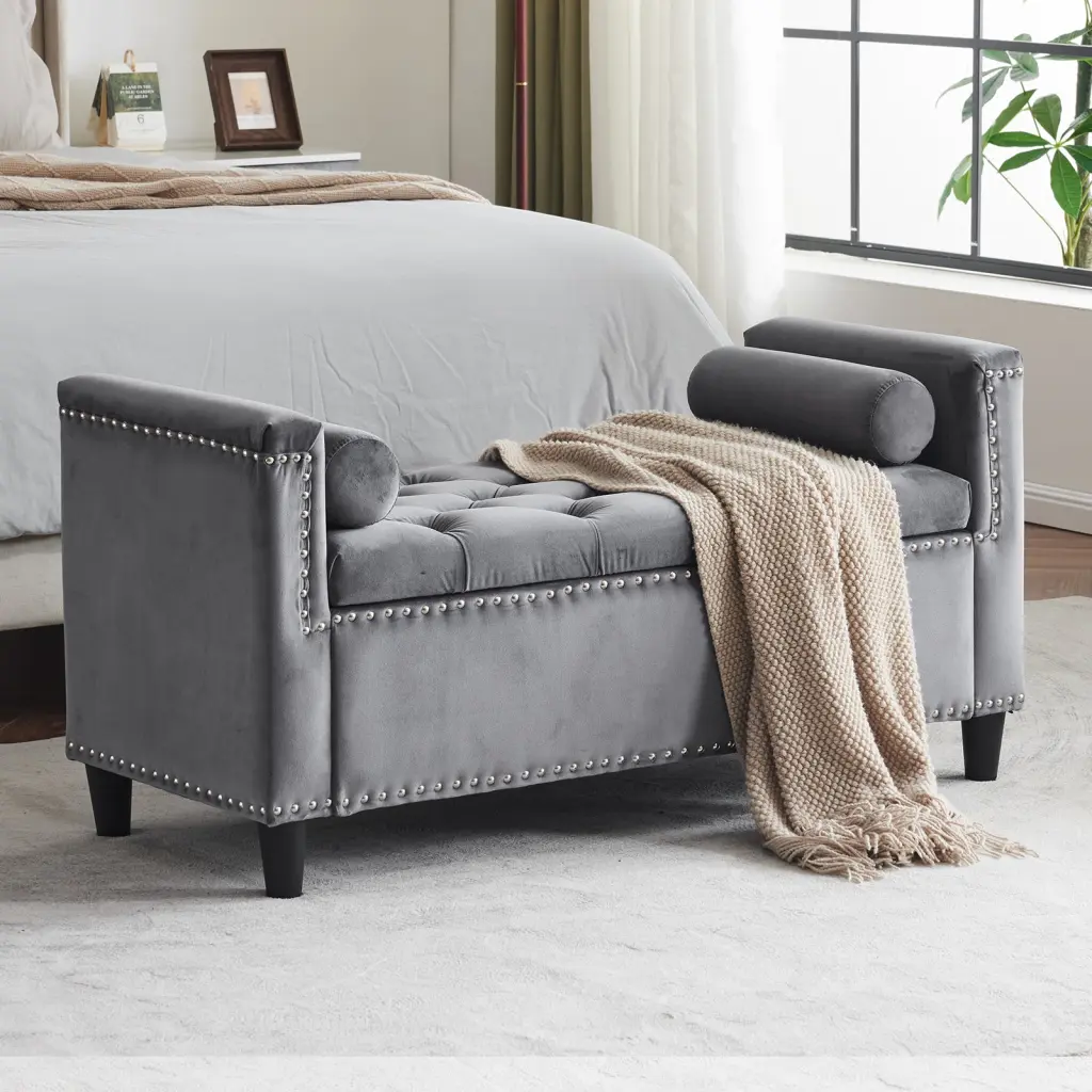 Storage Bench 44.5 Inch Queen Velvet Button Bedside Bench Entryway rnb