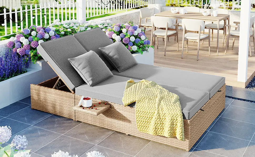 Outdoor Double Sunbed Wicker Rattan Patio Reclining Chairs Adjustable topmax