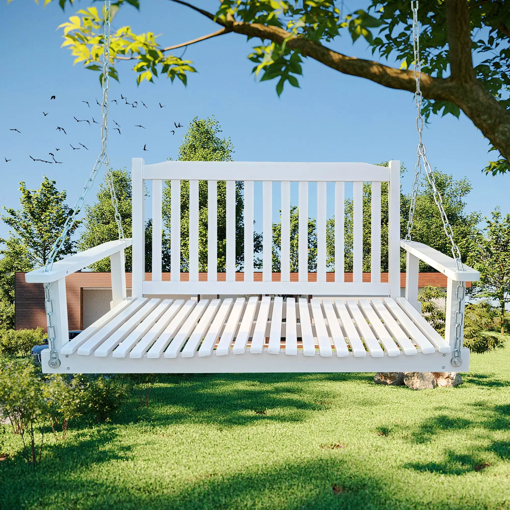 5 Feet Porch Swing Chair Adjustable Chains and Foldable Cup Holders Brown Costway no variants